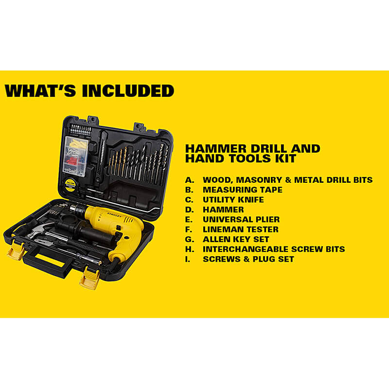Stanley 13 mm / 600W Hammer Drill Machine & Hand Tools Kit For Home, DIY & Professional Use (120-Pieces), SDH600KP