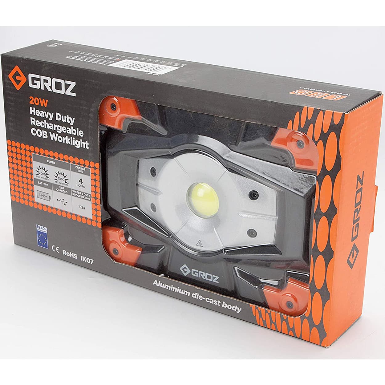 Groz 20W Heavy Duty Rechargeable COB Work Light With Built-In Power Bank, LED/560