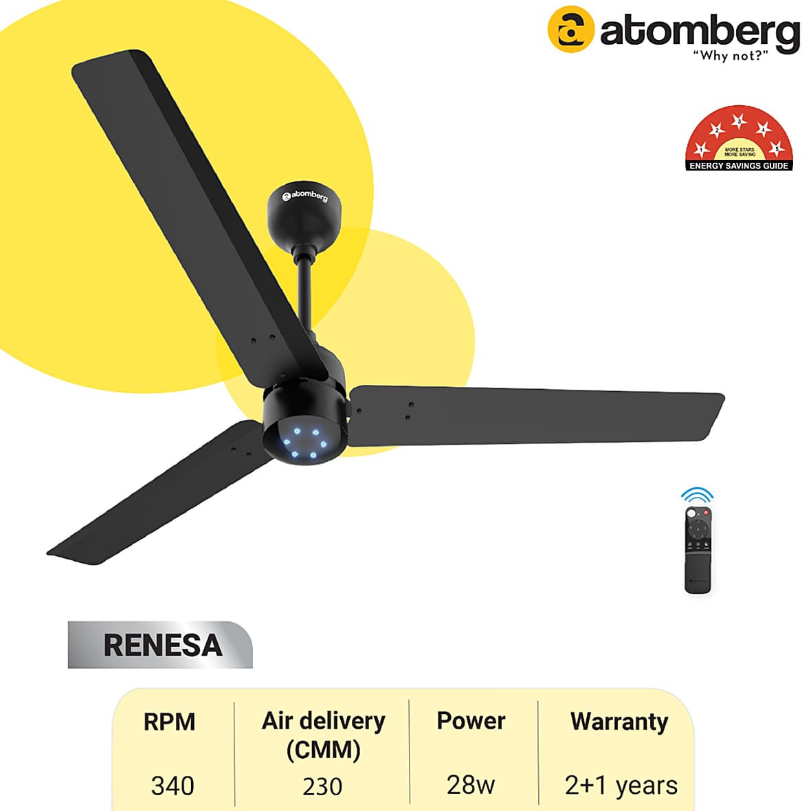 Atomberg Renesa 1200 mm Energy Efficient Ceiling Fan With BLDC Motor & Remote (Matt Black)