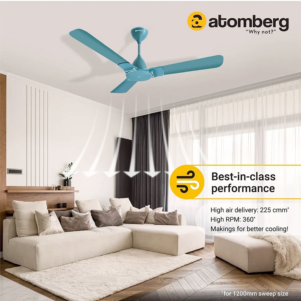 Atomberg Erica 1200 mm Regular Ceiling Fans With BLDC Motor & Remote (Aegean Blue)