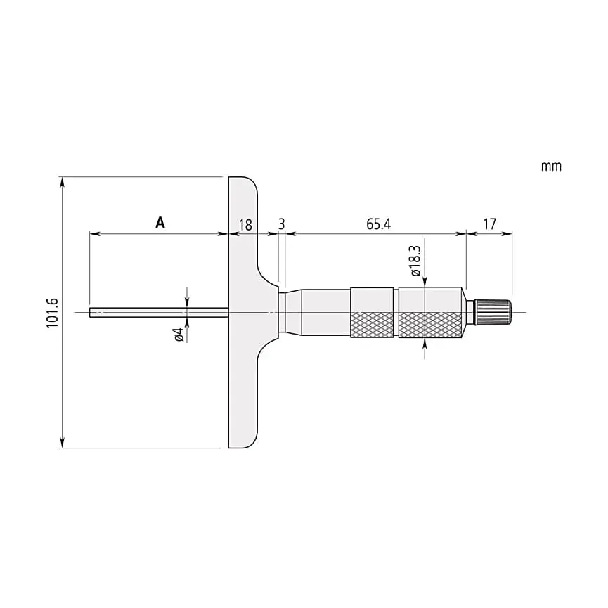 Mitutoyo 0 - 100 mm Depth Micrometer with Interchangeable Rods (63.5 mm Base Width), 129-111