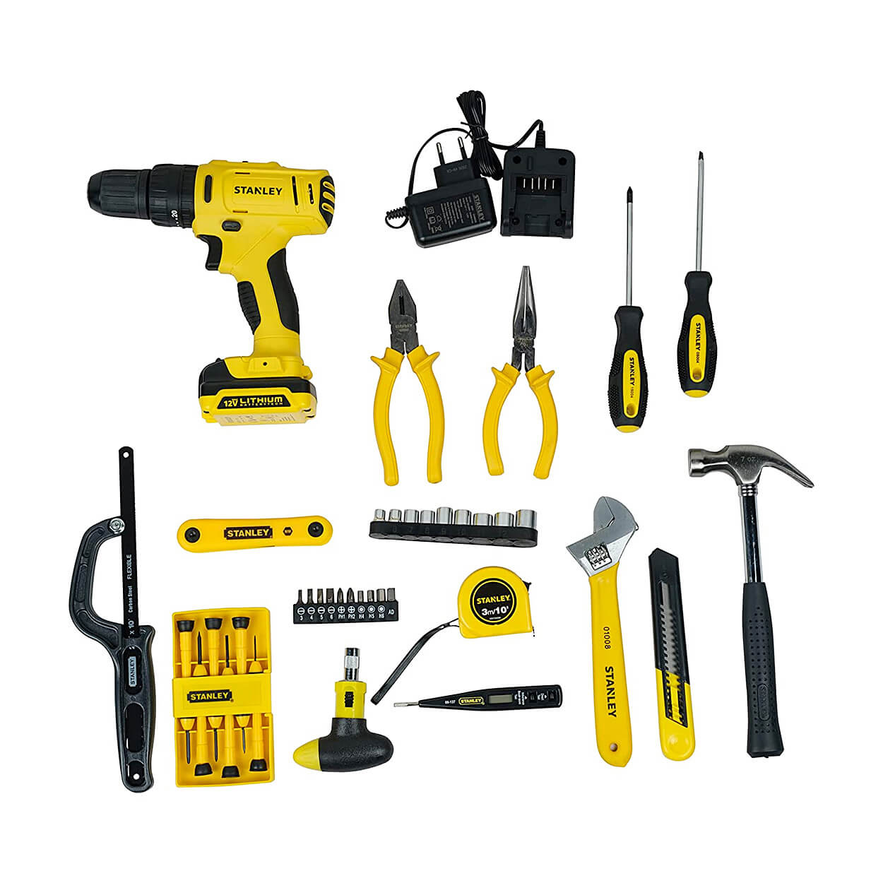 Stanley 12V / 1.5 Ah / 10 mm Cordless Hammer Drill Driver With Batteries & 48 Pcs Hand Tools Kit For Home, DIY & Professional Use, SCH121S1H