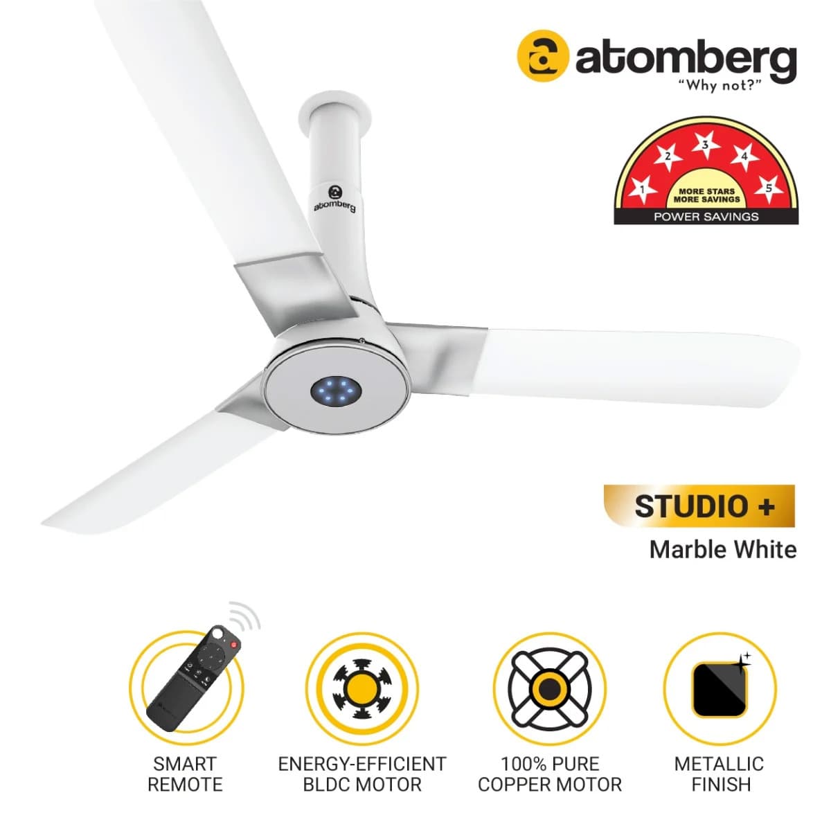 Atomberg Studio+ 1200 mm Energy Saving Ceiling Fan with BLDC Motor (White)