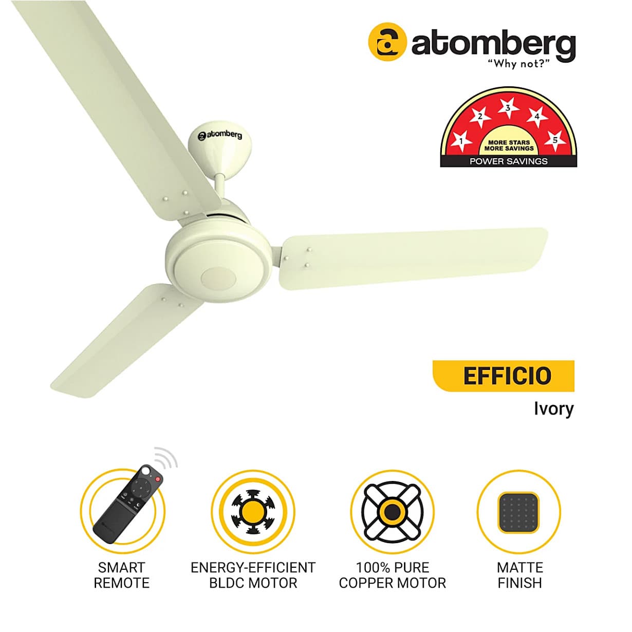 Atomberg Efficio 1200 mm Energy Efficient Ceiling Fan With BLDC Motor & Remote (Ivory)