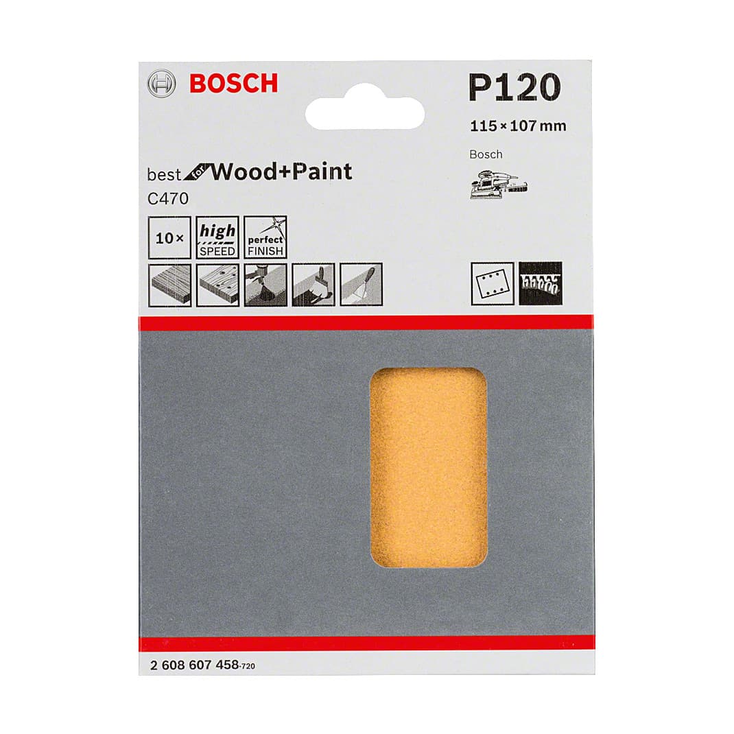 Bosch 115 mm x 107 mm / 120 Grit Sanding Sheet (Pack Of 10 Pcs), 2 608 607 458