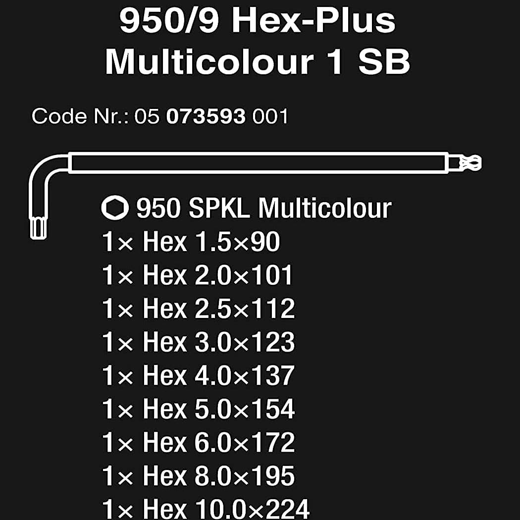 Wera 950 / 9 Pcs Hex-Plus Multicolour 1 SB L-key Set Metric BlackLaser, 05073593001