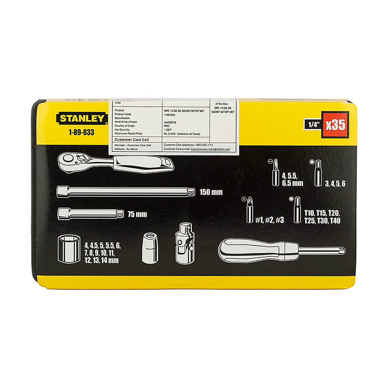 Stanley 35 Pcs 1/4 Inch Sq. Drive 6 PT Socket and Bit Mechanic Tool Kit, 1-89-033