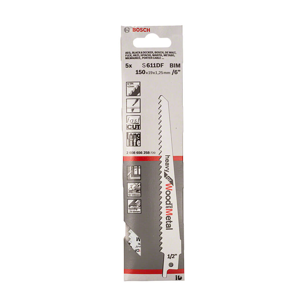 Bosch 150 mm Reciprocating Saw Blades Heavy For Wood & Metal (S 611 DF), 2 608 656 258