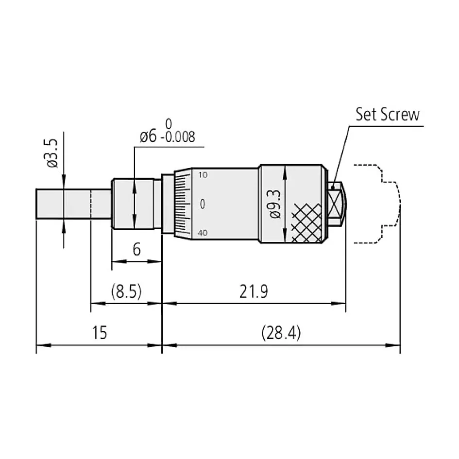 Mitutoyo 0 - 0.25 inch Miniature Micrometer Head without Clamp Nut (Flat), 148-202-10