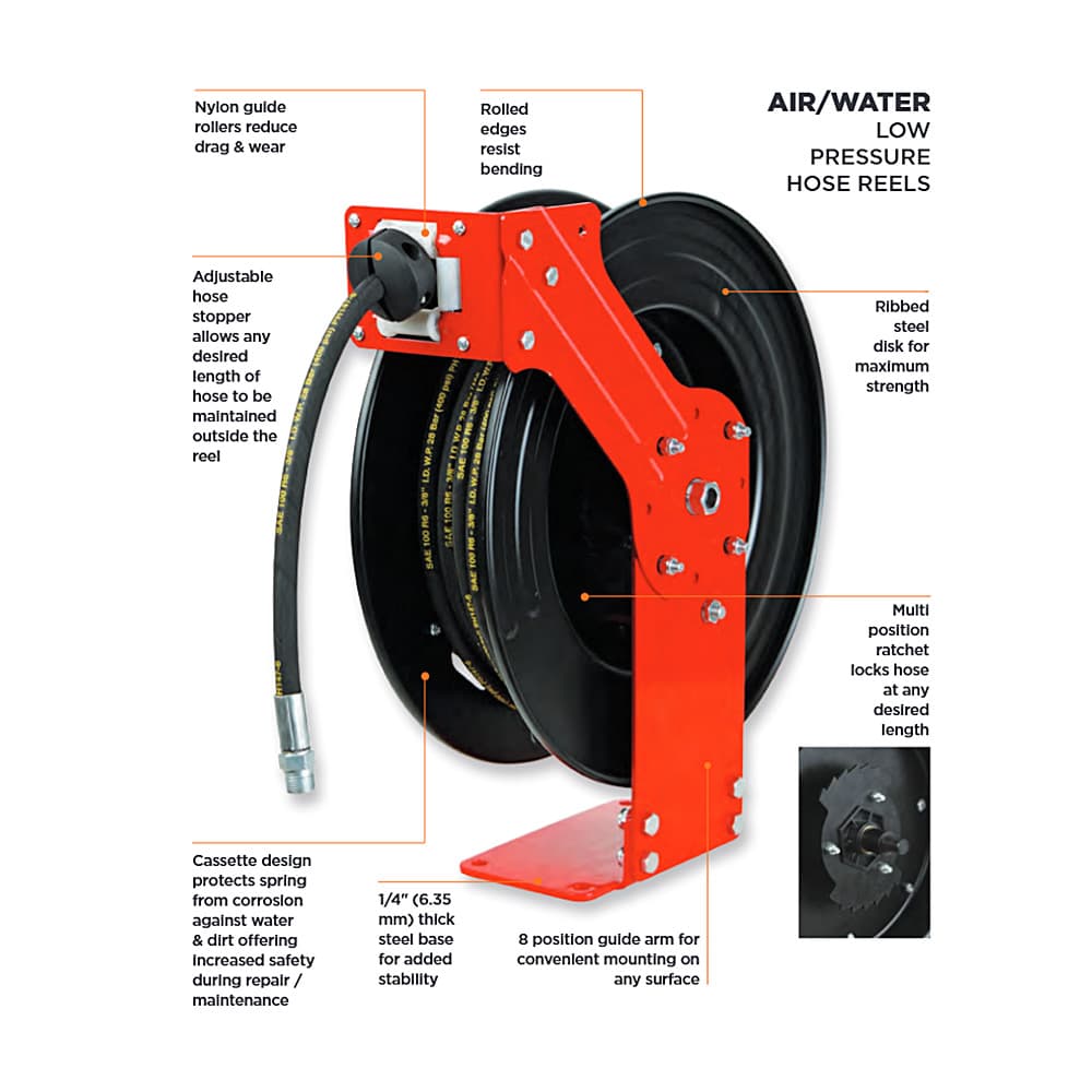 Groz 10 Mtr / 3/8 Inch Low Pressure Air Water Hose Reel, HR/AW/10M/3-8/B