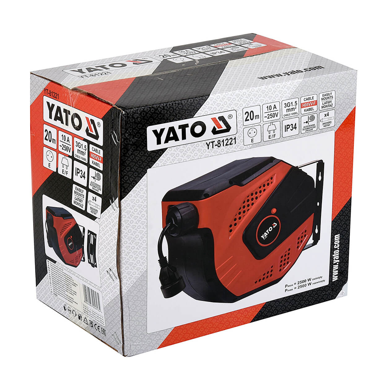 Yato 20 Mtr / 10A Auto Retract Electric Cable Reel, YT-81221
