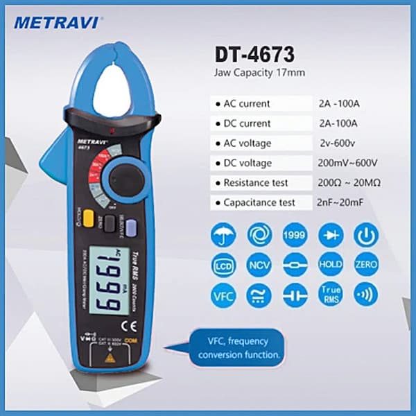 Metravi 3-1/2 Digit / 100A Digital TRMS AC/DC Leakage Current Clamp Meter, DT-4673