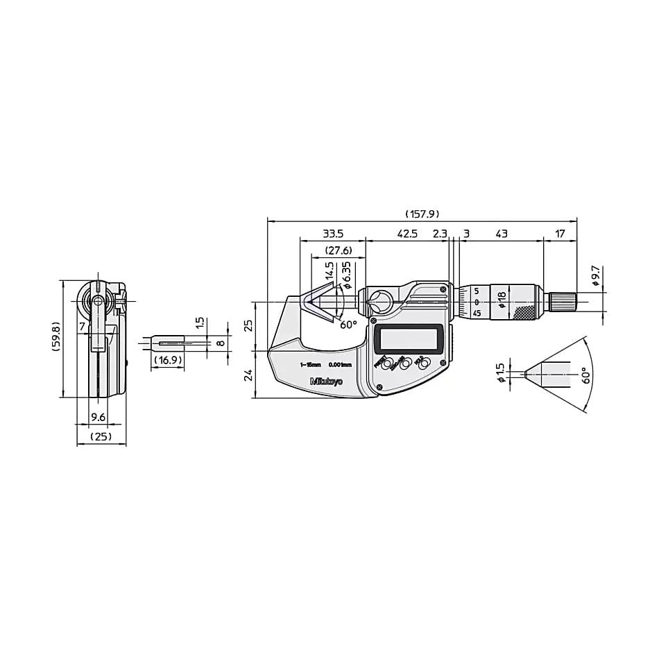 Mitutoyo 0.05 - 0.6 inch Digital V-Anvil Micrometer with Groove (3 Flute), 314-351-30
