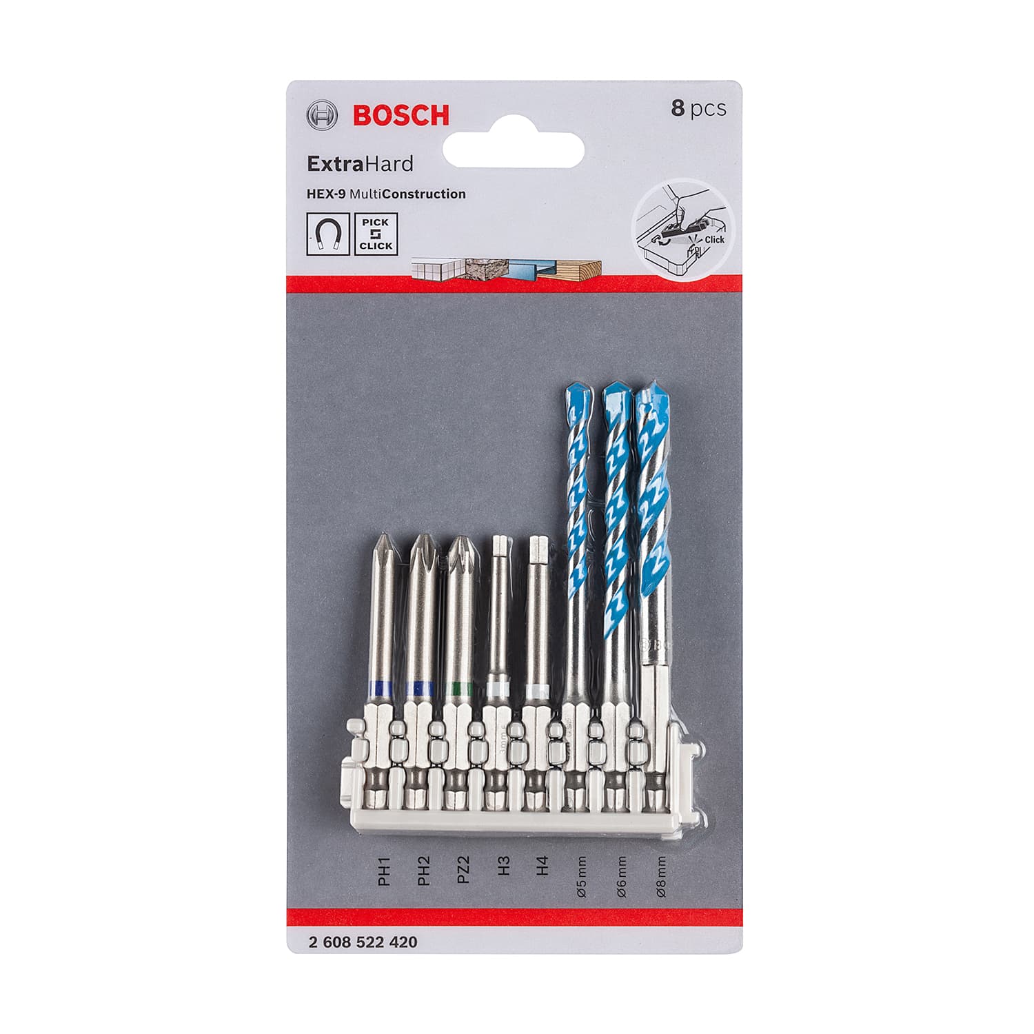 Bosch 8 Pcs Pick & Click Extra Hard Screwdriver Bits & Multi Construction Drill Bits Mixed Set, 2 608 522 420