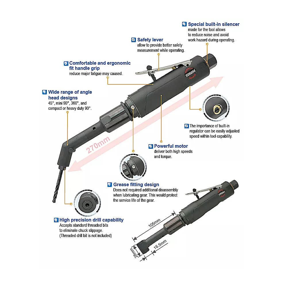 Sumake 1/4 inch Chuck Size InduSTrial Aerospace 90 Degree Air Right Angle Drill, ST-4406