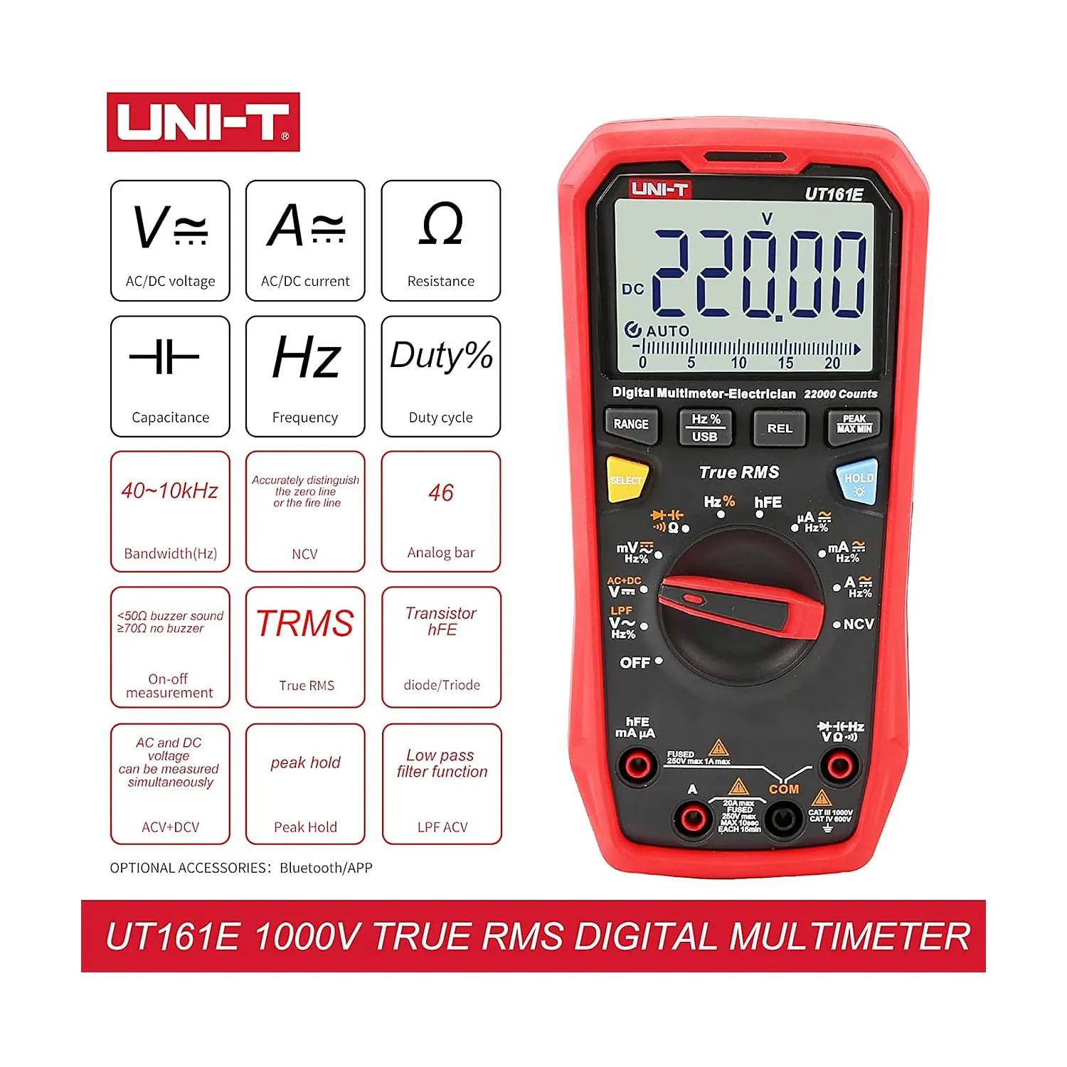 UNI-T 22000 Count True-RMS Electrician Digital Multimeter, UT161E