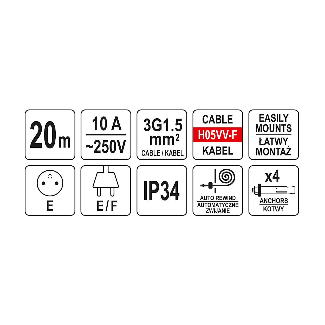 Yato 20 Mtr / 10A Auto Retract Electric Cable Reel, YT-81221