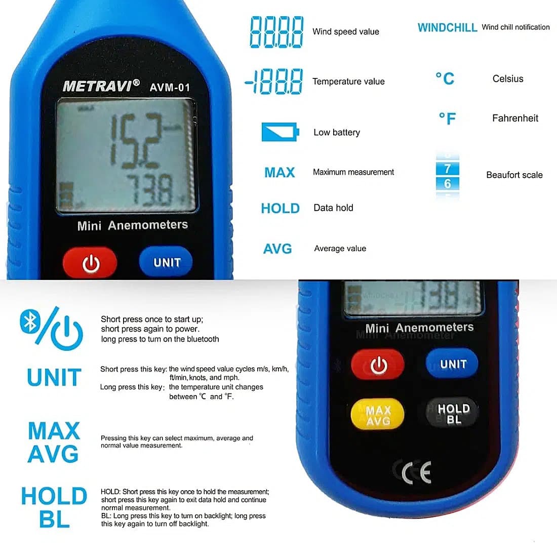 Metravi 4 Digits / 30m/Sec Digital Thermo Anemometer, AVM-01