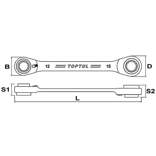 Toptul 12 x 15 mm - 14 x 13 mm Pro - Series 4 - In - 1 Ratchet Double Ring Wrench (72 Teeth Ratchet Mechanism), ABAD1215