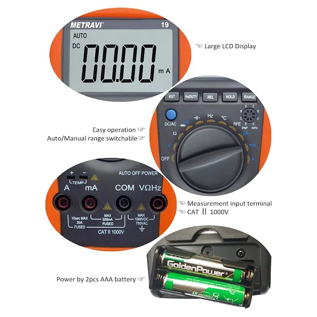Metravi 3-3/4 Digits / 1000V Digital TRMS Auto-Ranging Multimeter, 19