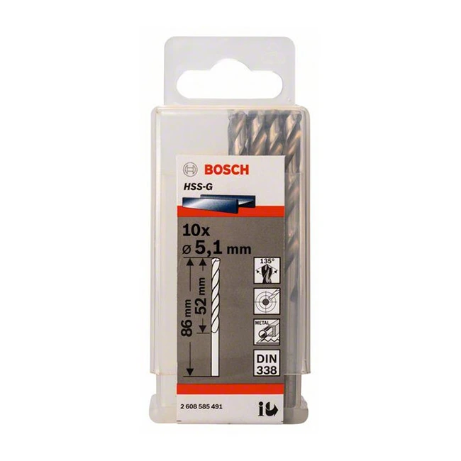Bosch 5.10 x 86 mm HSS Metal Drill Bits (Pack of 10 Pcs), 2 608 585 491