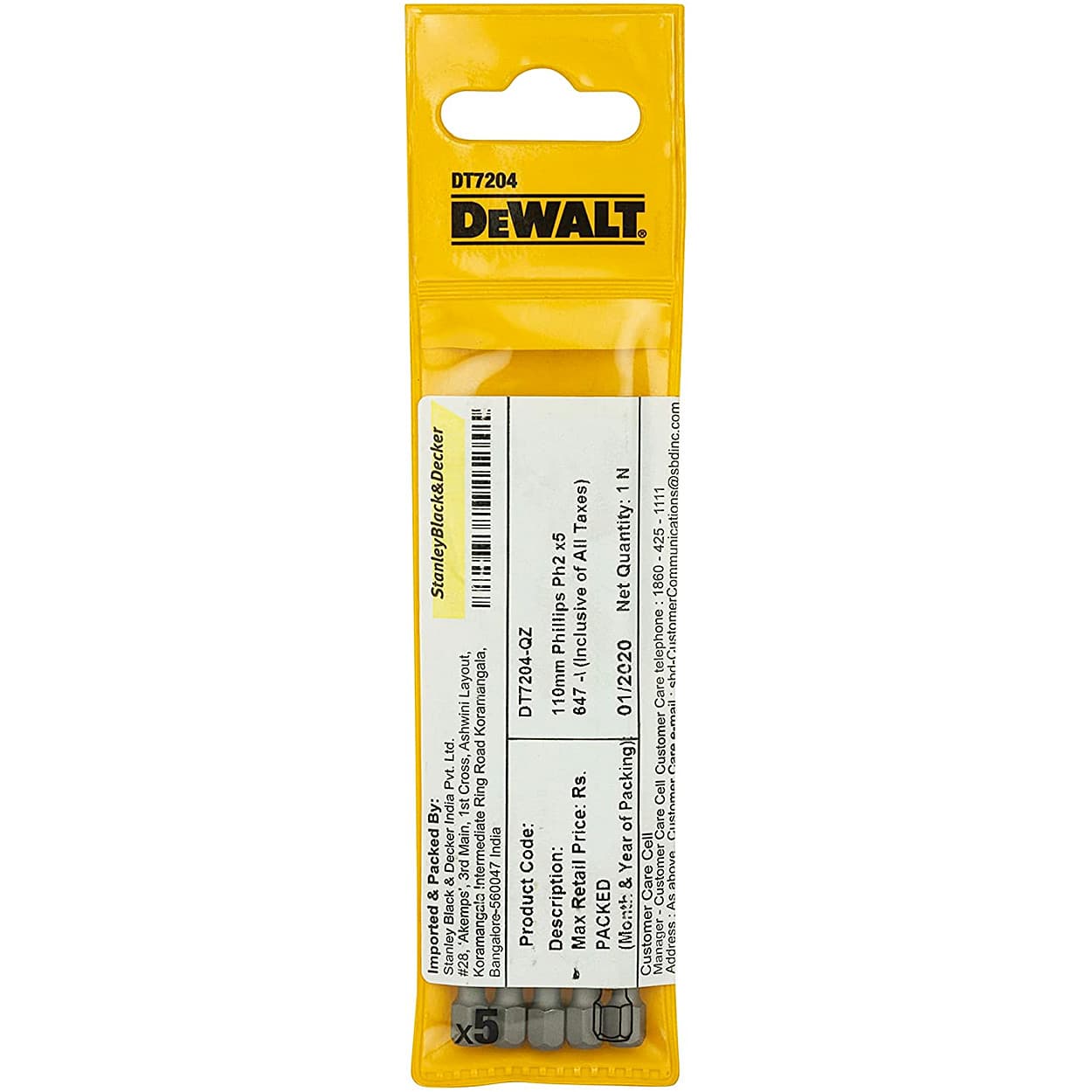 Dewalt PH2 x 110 mm Length Phillips Torsion Screwdriver Bits (Pack of 5 Pcs), DT7204-QZ