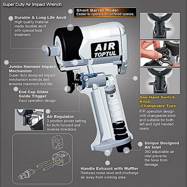 Toptul 1/2 inch Super Duty Air Impact Wrench (Max. Torque 500 Ft-Lb), KAAR1650