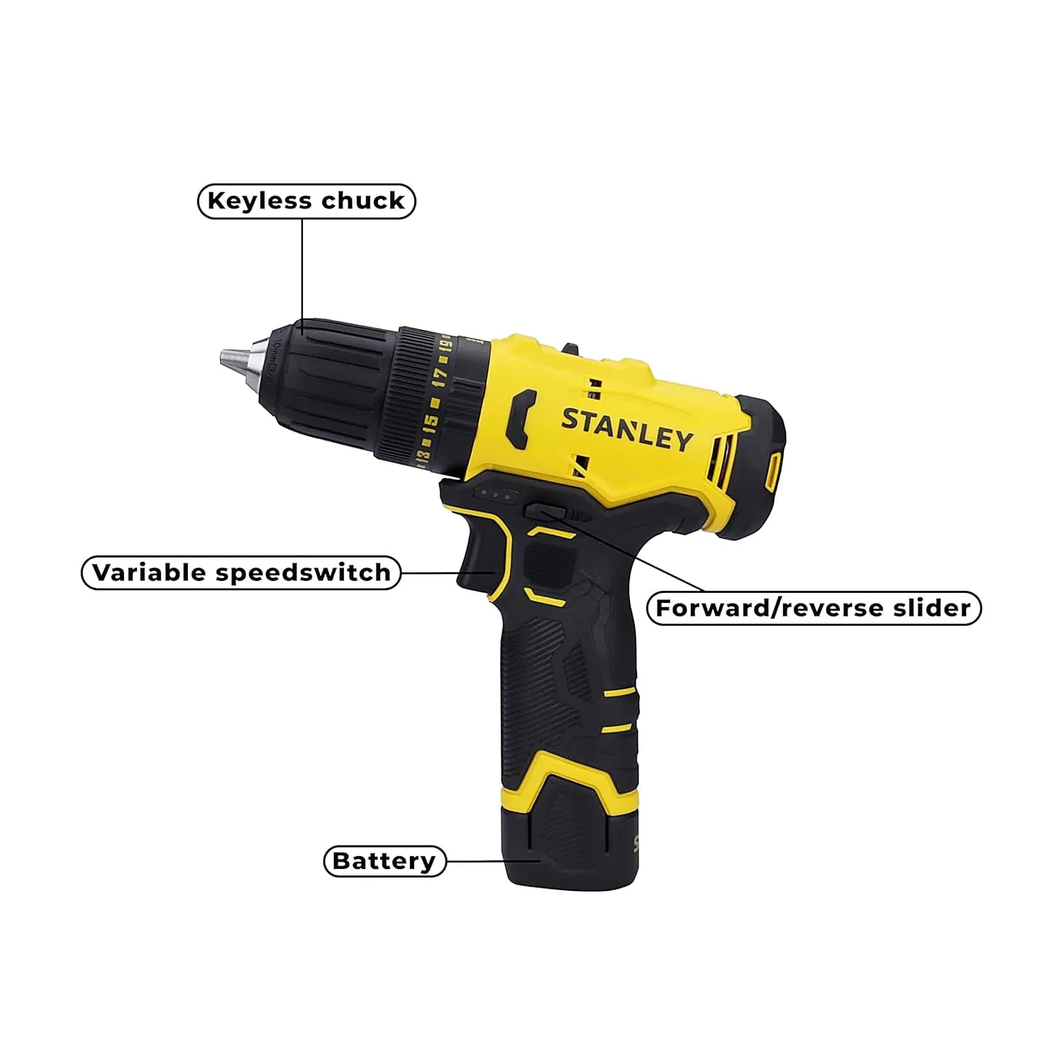 Stanley 12V / 2.0 Ah / 10 mm Brushed Cordless Hammer Drill Driver with 2 Batteries & Charger, SCH10D2K