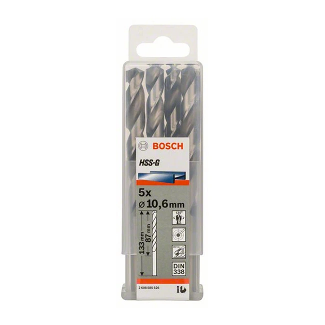Bosch 10.60 x 133 mm HSS Metal Drill Bits (Pack of 5 Pcs), 2 608 585 526