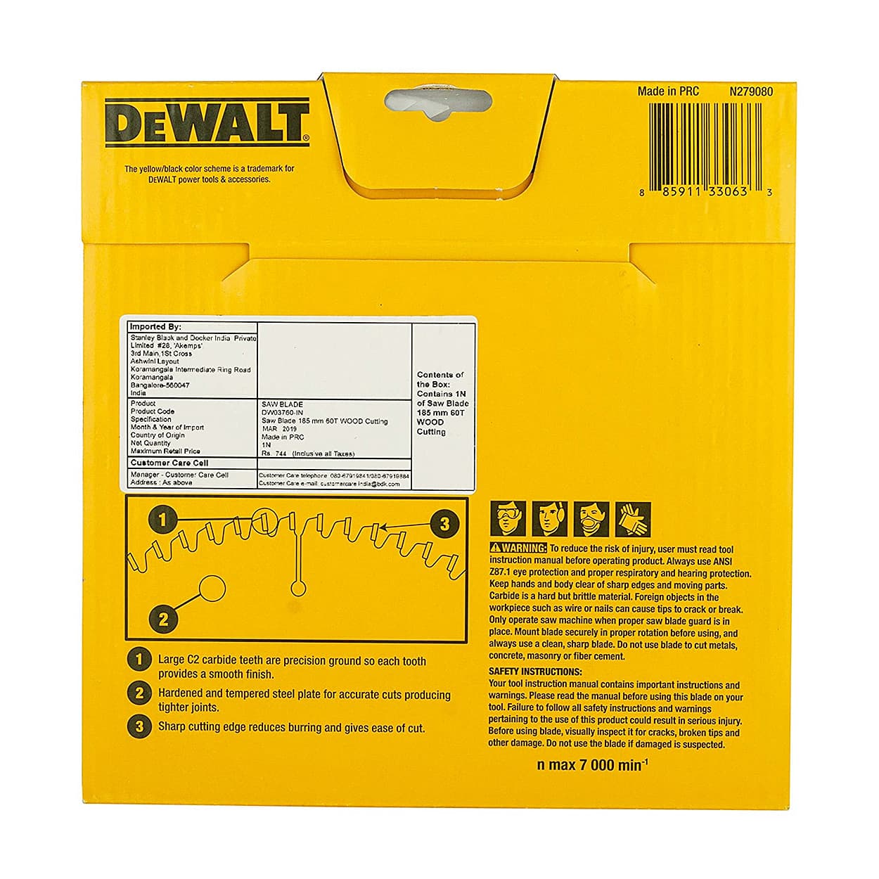 Dewalt 7-1/4 inch / 185 mm TCT Woodworking Cutting Blade For MDF Particle Boards Laminated Boards (60 Teeth), DW03760-IN