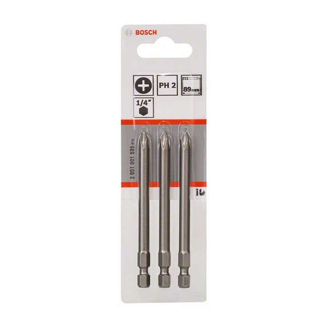 Bosch PH2 x 89 mm Length Phillips Extra Hard Screwdriver Bits (Pack of 3 Pcs), 2 607 001 535