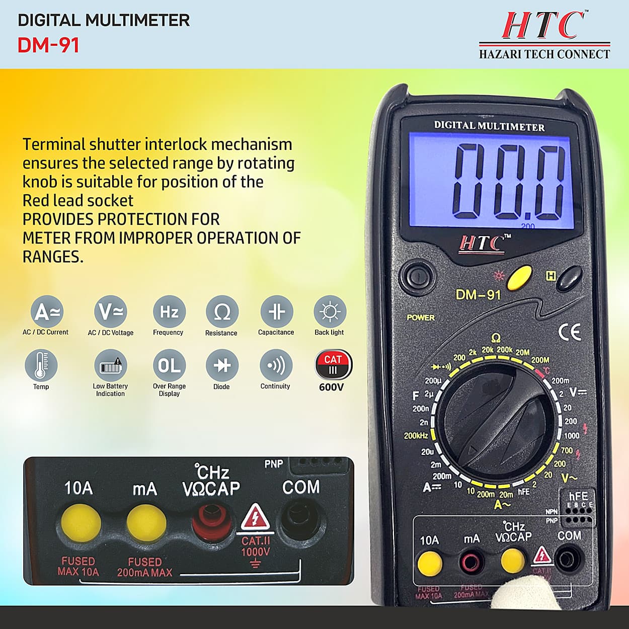 HTC 3-1/2 Digit / 1999 Count Terminal Inter Lock Mechanism Digital Multimeter With Auto Power Off, DM-91