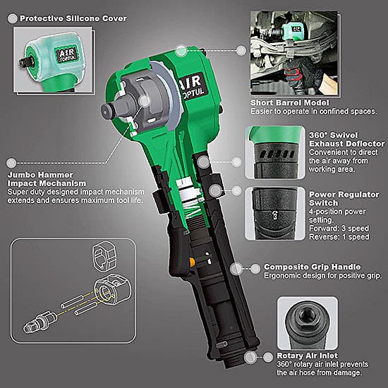 Toptul 1/2 inch Air Angle Impact Wrench (Gearless Type) (Max. Torque 300 Ft-Lb), KAAS1630