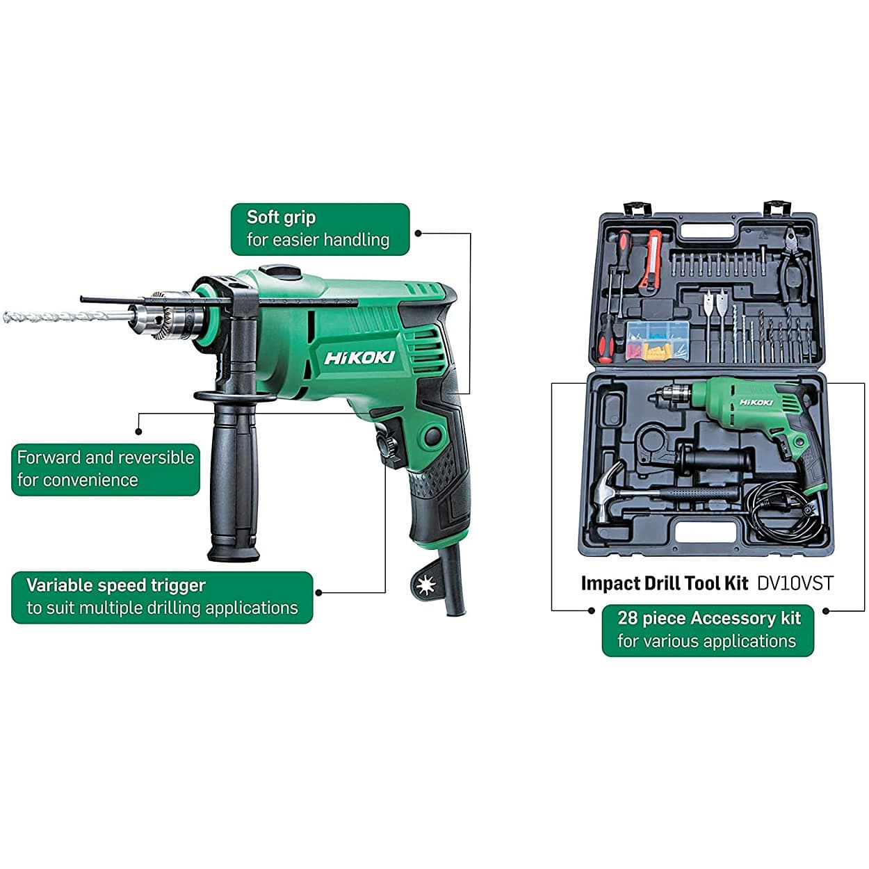 HiKoki 10mm 550W Impact Drill With 28 Pcs Accessory Kit, DV10VST(KIT)SAZ9