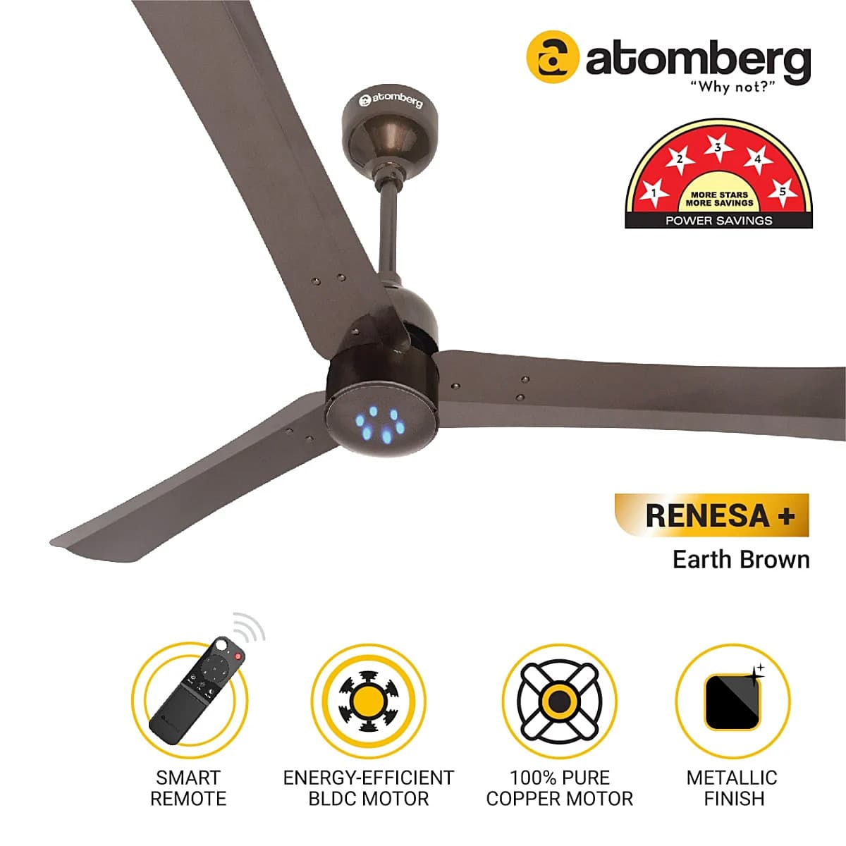Atomberg Renesa+ 1200 mm Energy Efficient Dust Resistant Ceiling Fan With BLDC Motor & Remote (Earth Brown)