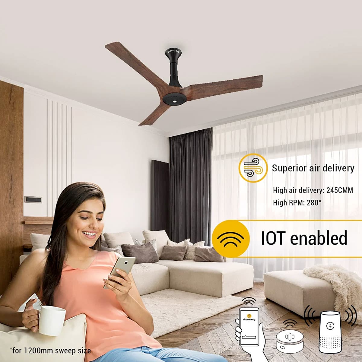 Atomberg Aris 1200 mm Noiseless Smart Ceiling Fan For Home With IoT & Remote Sleek Design High Air Delivery BLDC Fan (Brown)