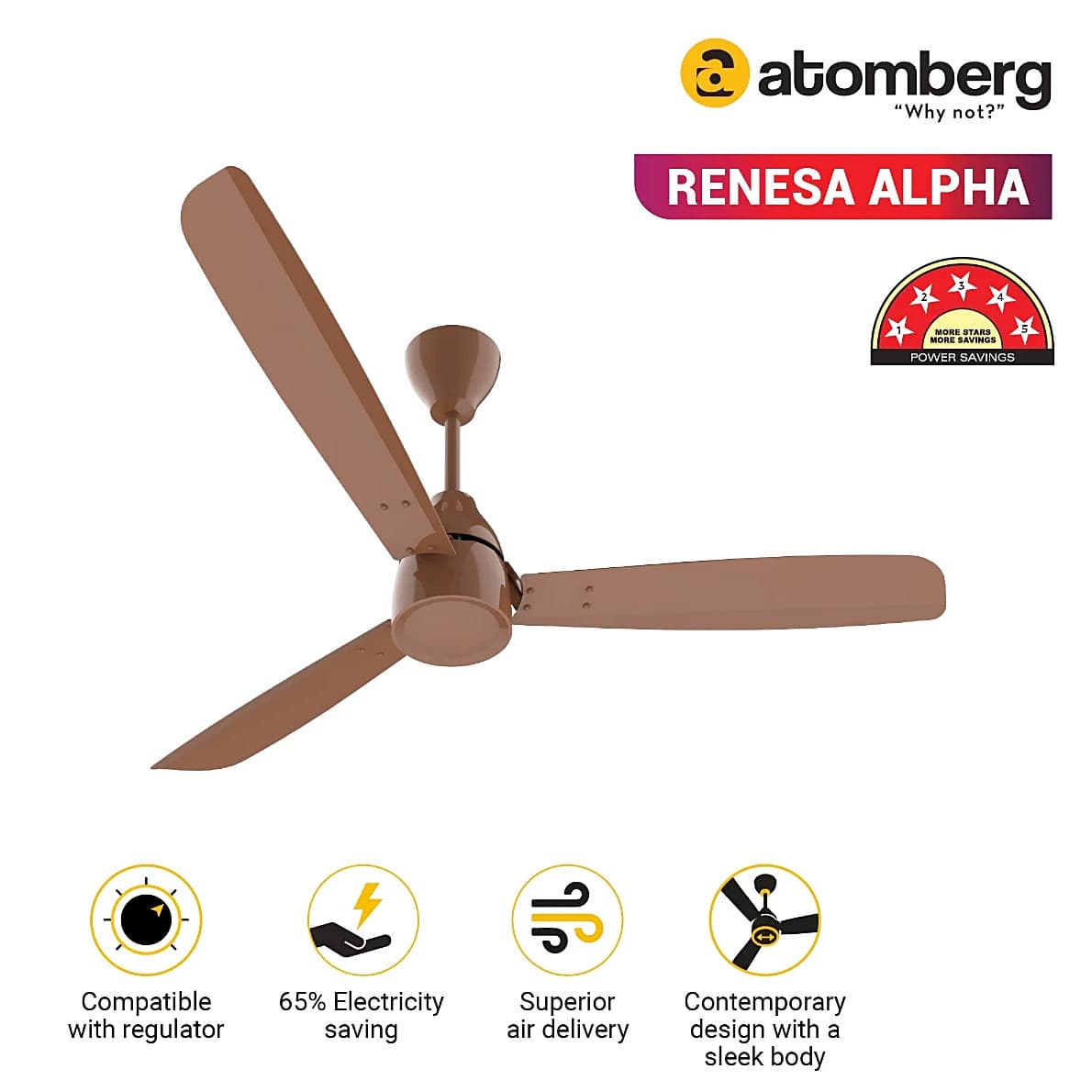 Atomberg Renesa Alpha 1200 mm BLDC Motor 3 Blade Ceiling Fan (Brown)