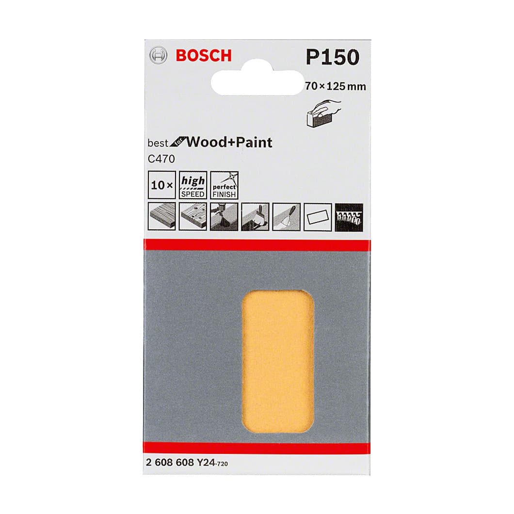 Bosch 70 mm x 125 mm / 150 Grit Sanding Sheet (Pack Of 10 Pcs), 2 608 608 Y24