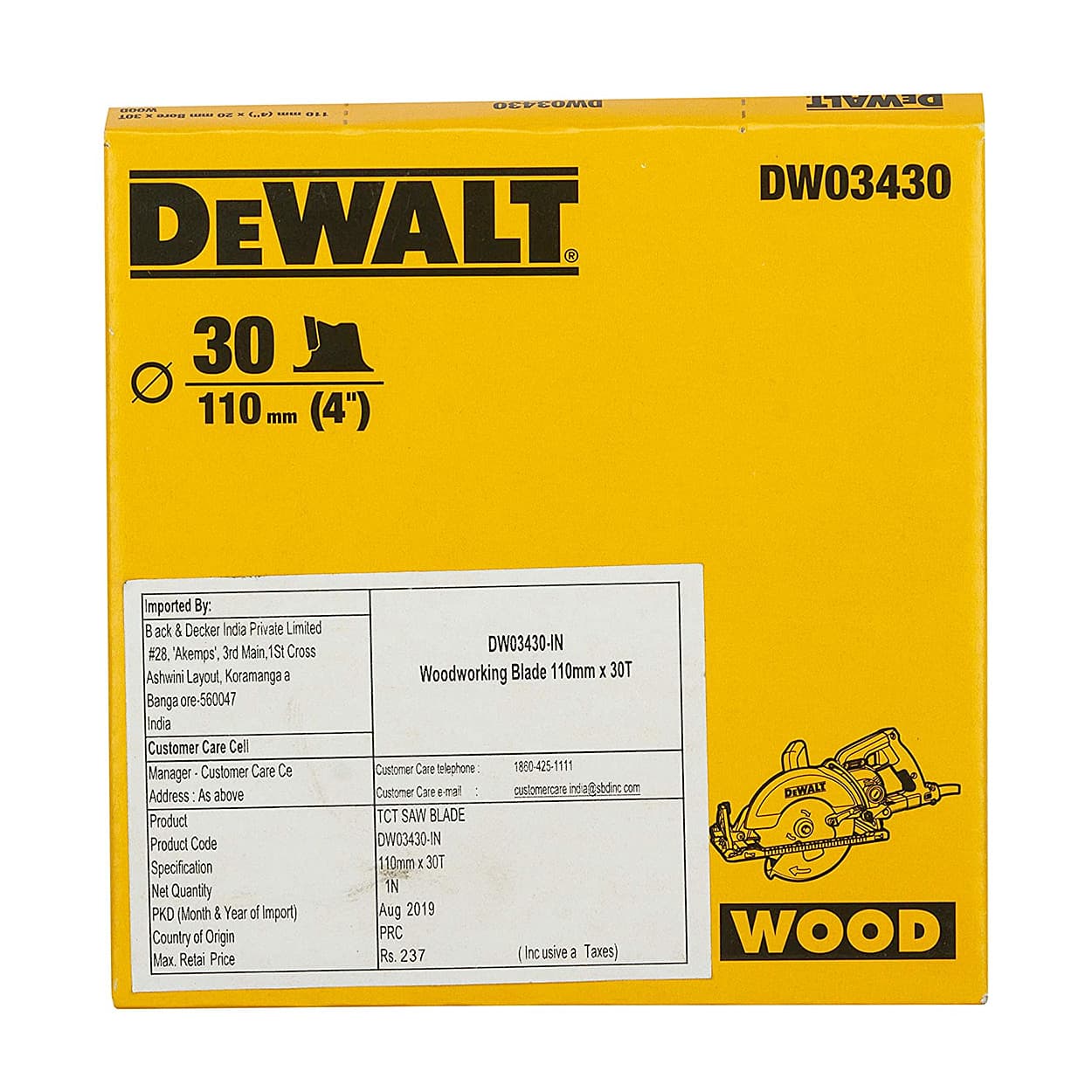 Dewalt 4 inch / 110 mm TCT Woodworking Saw Blade For MDF Particle Boards & Laminated Boards (30 Teeth), DW03430-IN
