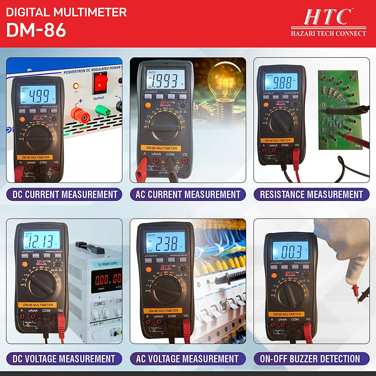 HTC 3-1/2 Digit / 1999 Count True RMS Auto Power Off Digital Multimeter With Backlight, DM-86