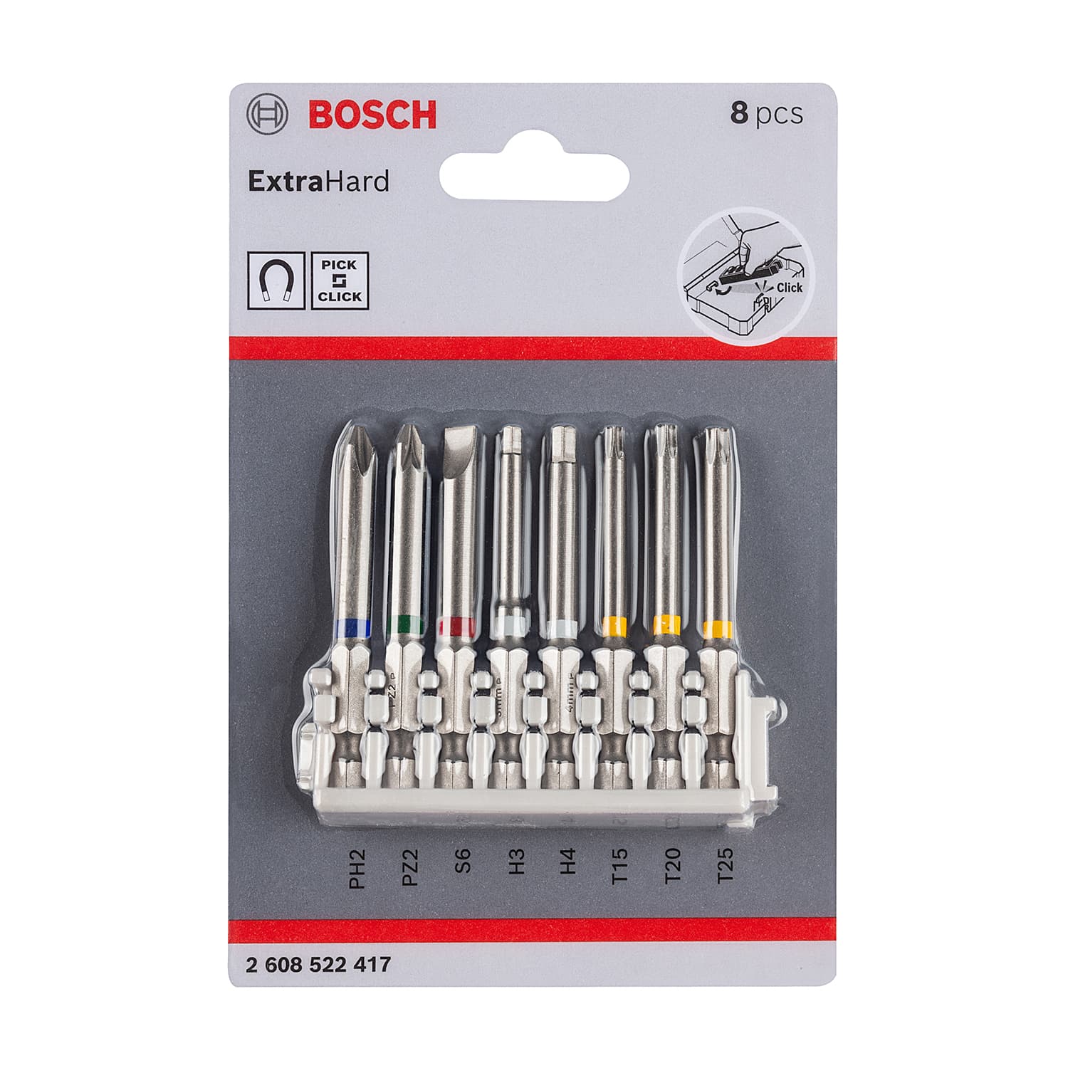 Bosch 8 Pcs Pick & Click Extra Hard Mix Screwdriver Bit Set, 2 608 522 417