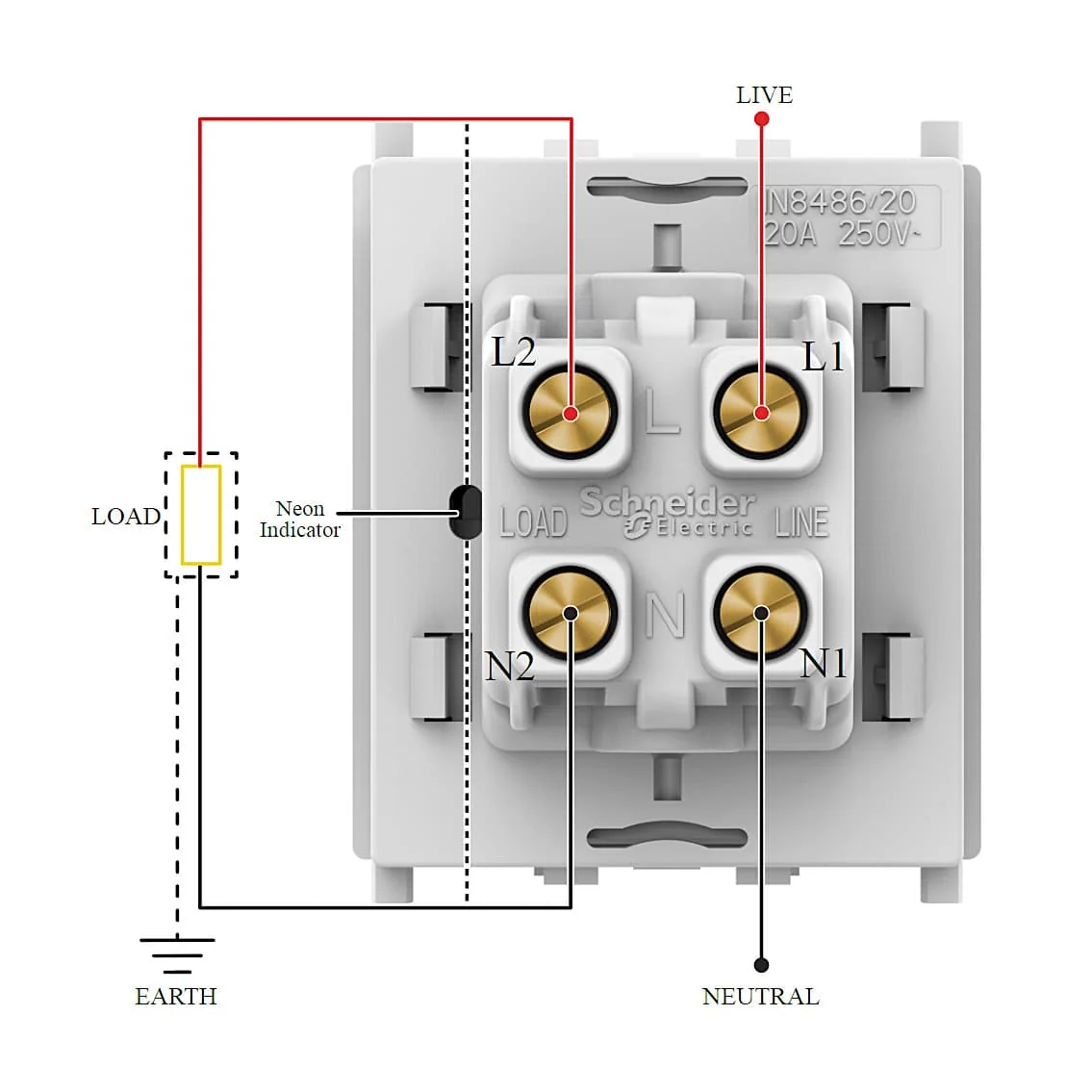 Schneider Electric Zencelo 20 Amp 2 Module DP Switch With Neon - Dark Grey (Pack of 5 Pcs), IN8486/20(BZ)