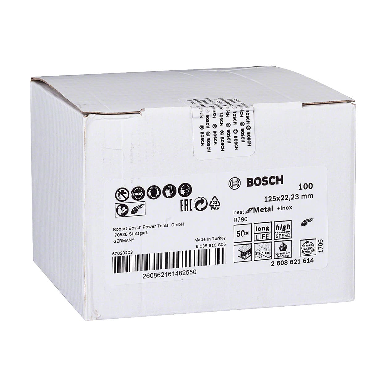 Bosch 125 mm / 100 Grit R780 Ceramic Fibre Sanding Discs Best For Metal & Inox (Pack of 50 Pcs), 2 608 621 614