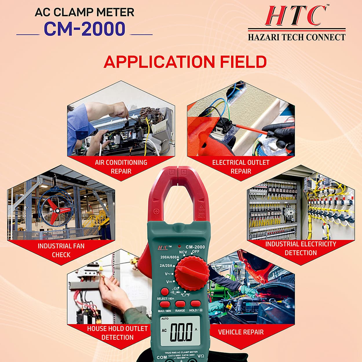 HTC 3-1/2 Digit / 600A AC Clamp Meter With Clamp Torch (True RMS), CM-2000