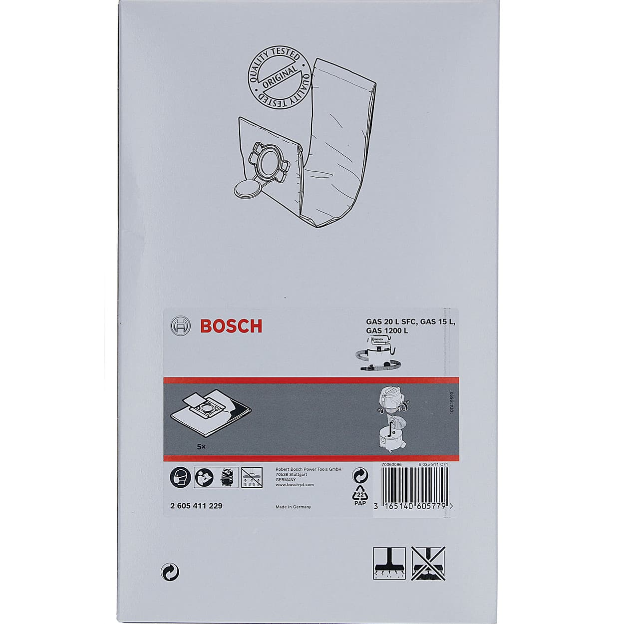 Bosch Fleece Filter Bag GAS15L (Pack of 5 Pcs), 2 605 411 229