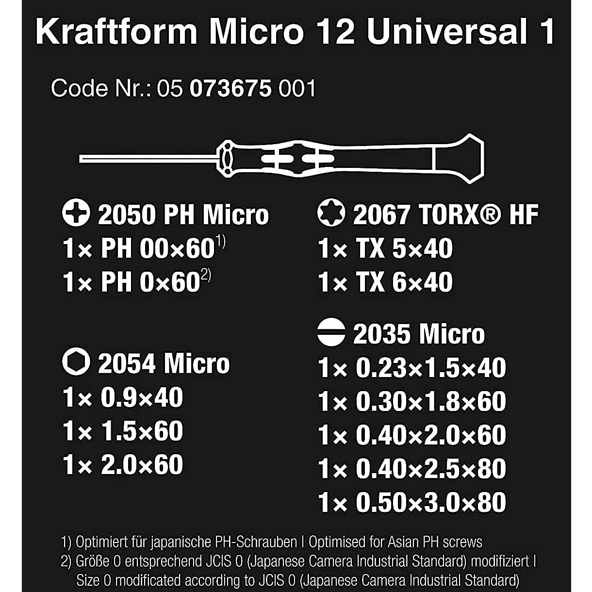 Wera 12 Pcs Kraftform Micro 12 Universal 1 Screwdriver Set For Electronic Applications, 05073675001