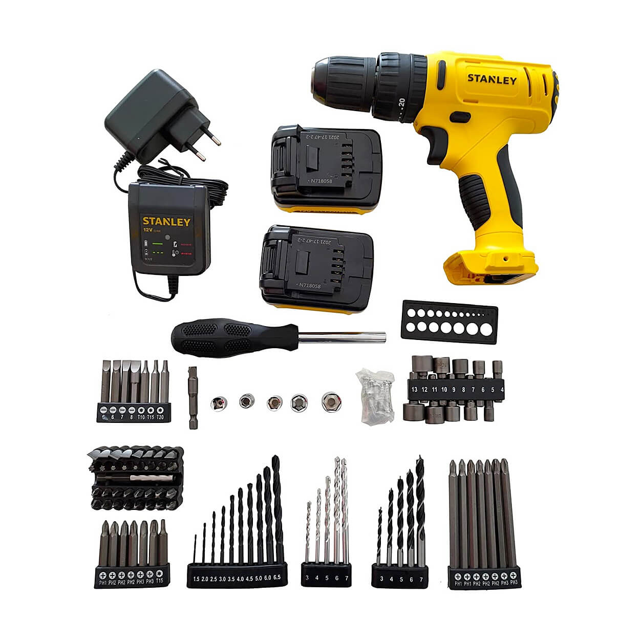 Stanley 12V / 1.5 Ah / 10 mm Cordless Hammer & Impact Drill Driver With 2 Batteries & 100 Pcs Accessories Kit For Home, DIY & Professional Use, SCH121S2KA