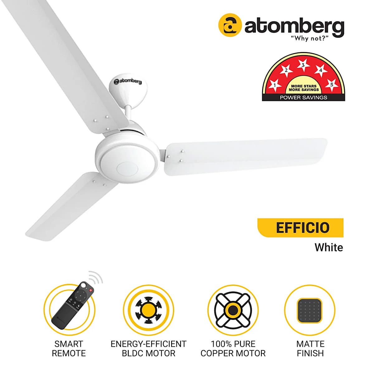 Atomberg Efficio 1200 mm Energy Efficient Ceiling Fan With BLDC Motor & Remote (White)
