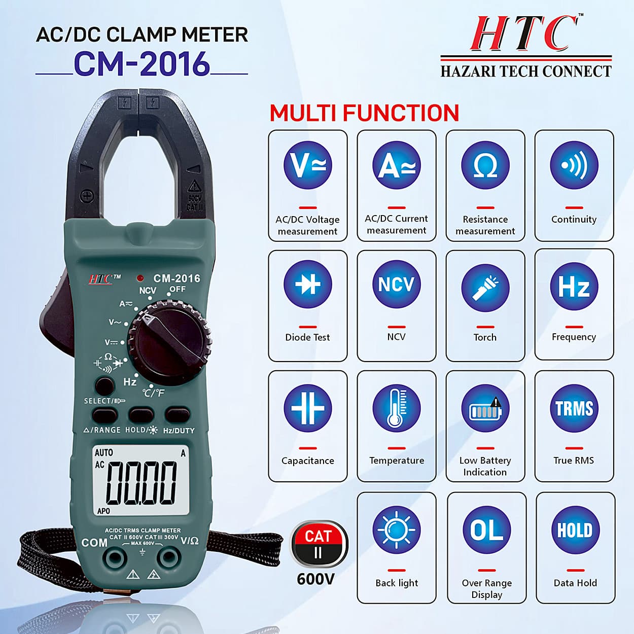 HTC 800A AC / DC 5999 Count Clamp Meter with Backlight, CM-2016