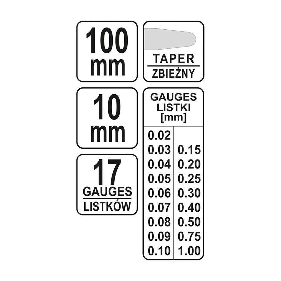 Yato 100 mm Feeler, 17 Gauges, 0.02 - 1 mm, YT-7220